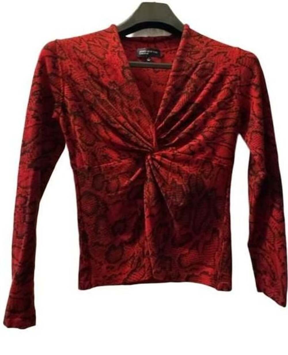 Jones New York Signature Red Black Snakeskin Print Crossover Front V-Neck Top Si